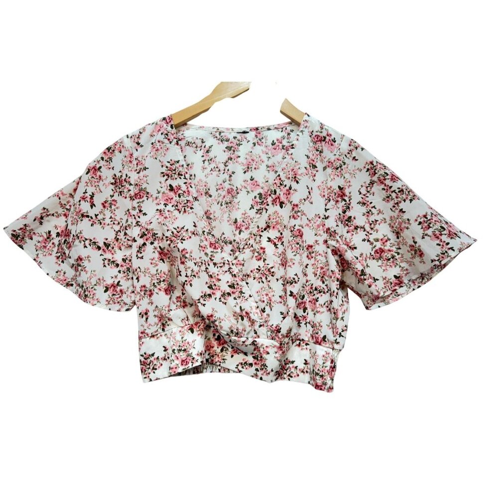 Womens Floral Wrap Blouse Top Size Pink Cropped Short Small Sleeve Boho Chic
